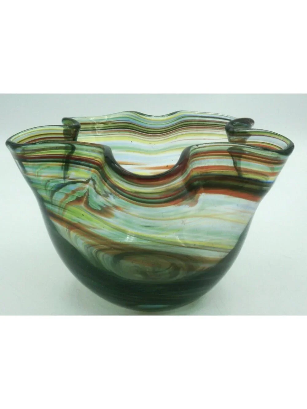Hand Blown Art Glass Handkerchief Bowl Rainbow Swirl Ruffled  Edge Bowl